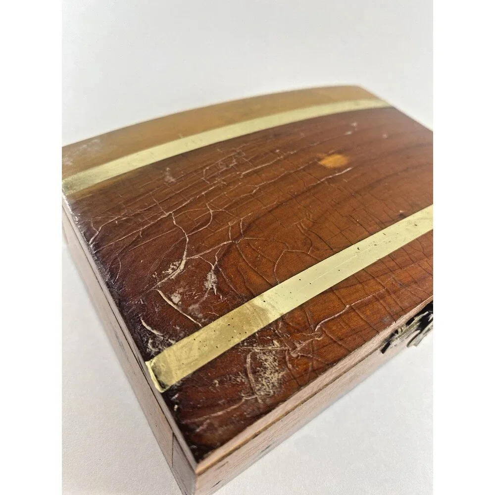 Cedar Wood Trinket Jewelry Box Brass Inlay Rustic Hinged Wooden Storage VTG